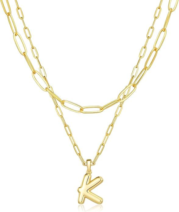 adoyi Bubble Letter Necklace Gold Balloon Initial Necklace for Women Trendy - 18K Gold Plated Lay... | Amazon (US)