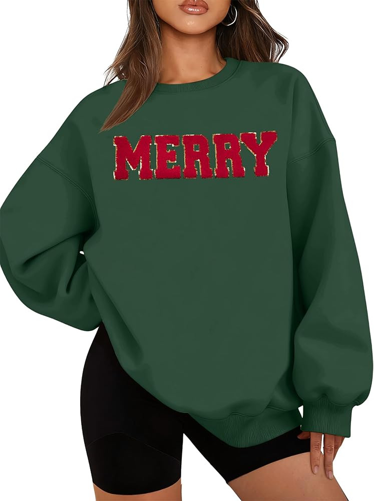 FASHGL Christmas Sequins Sweatshirts Women Merry Glitter Patch Crewneck Sweater Xmas Long Sleeve ... | Amazon (US)