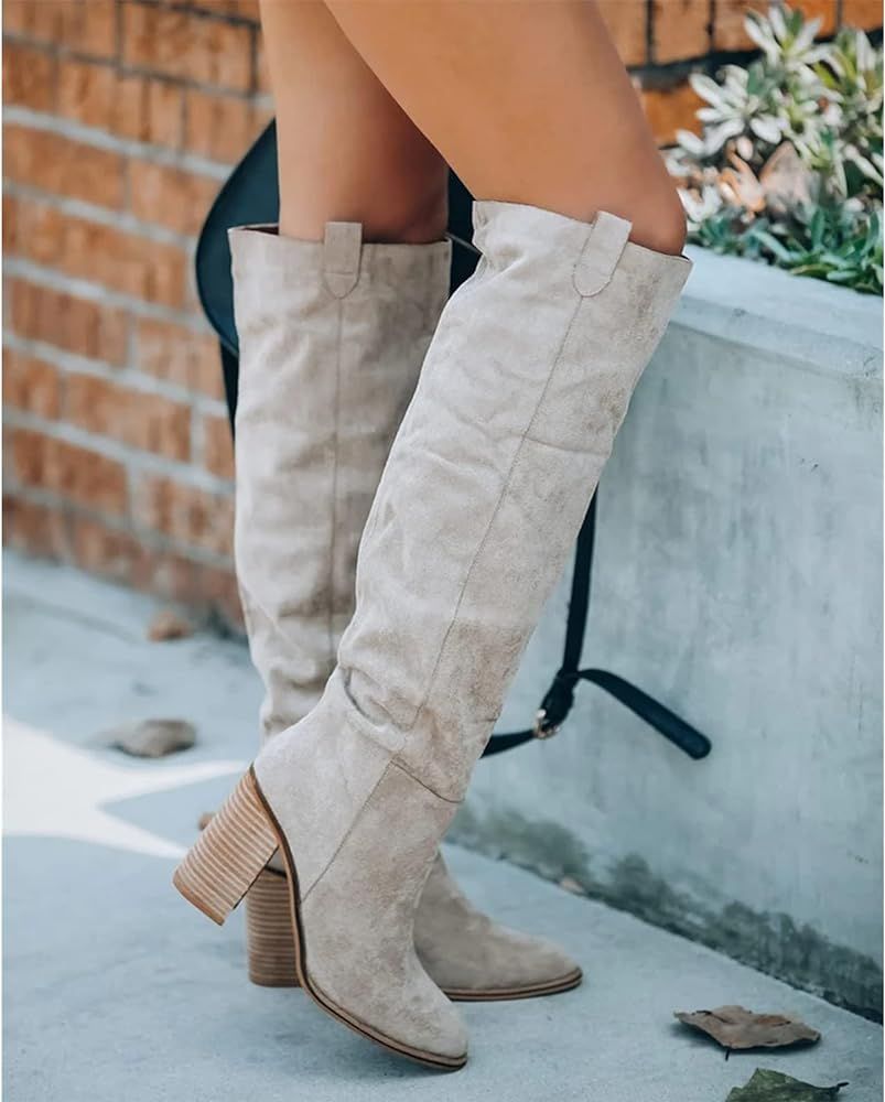 Erocalli Knee High Boots Women Chunky Block High Heel Thigh High Winter Boots Pull on Classic Chelse | Amazon (US)
