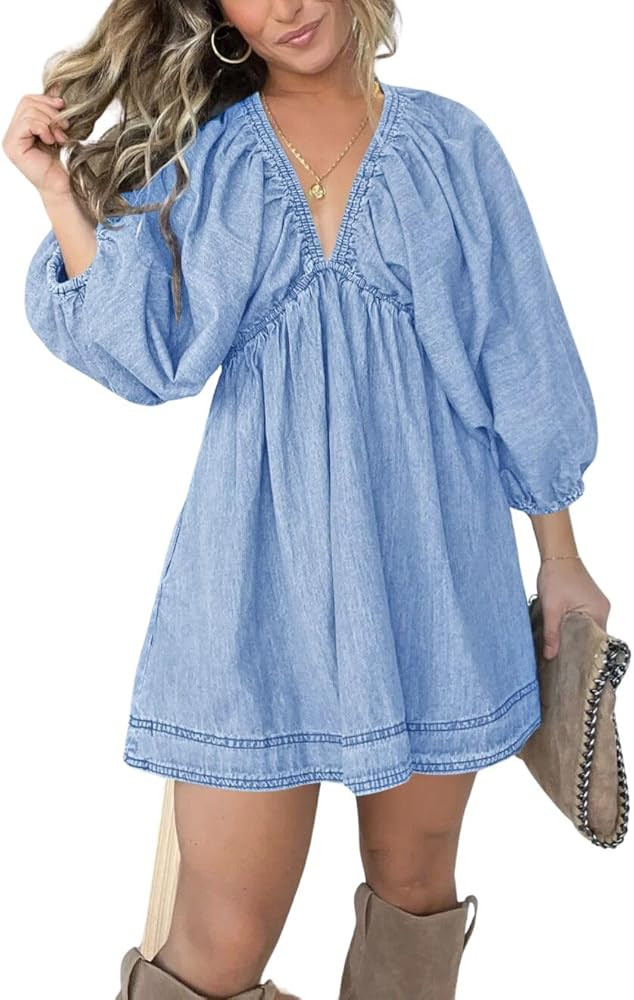 utcoco Denim Dress for Women Puff 3/4 Sleeves V Neck Swing A Line Cute Babydoll Mini Jean Dresses... | Amazon (US)