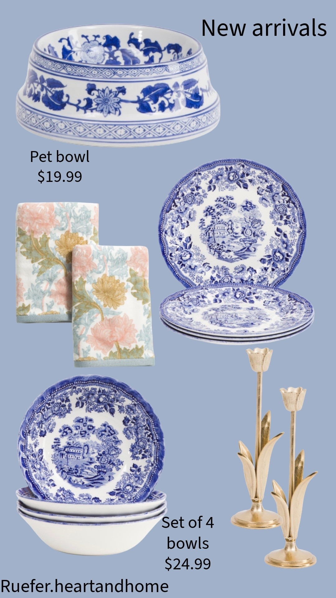 A few new arrivals from TJ Maxx that caught my eye. Chinoiserie pet bowl, gold tulip candlesticks, blue toile bowl set, blue toile plate set, chinoiserie dishes

#LTKHome #LTKSeasonal #LTKSaleAlert