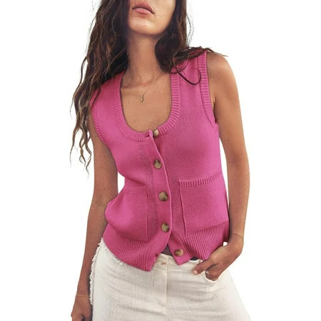 Sherrylily Women Sweater Vest Tank Tops Button Down Shirts Scoop Neck Fashion Sleeveless Ribbed Top S-2XL | Walmart (US)