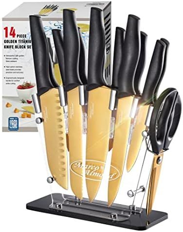 Marco Almond® Golden Titanium Knife Set with Acrylic Stand, Kitchen Knives Set with Block, Sciss... | Amazon (US)