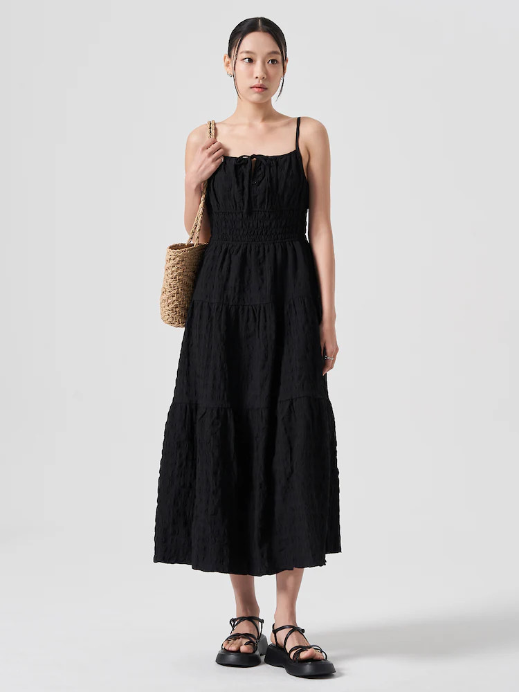 폴리 레이어드 롱 원피스 - 블랙 | SSF Shop