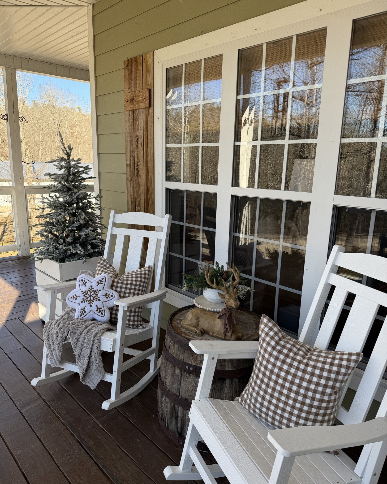 Welcome to our Winter porch! 🌲🦌
I am a little ashamed to share these unedited photos but then again not … our porch is dirty, needs cleaned off and stained, our door is all scratched up and needs work, our rockers and swing need cleaned and bleach BUT … that’s all Spring projects. This is Winter and it is fine 😉. Have a happy Thursday friends! 🤎
#porchdecor #winterdecor #wraparoundaroundporch #betterhomesandgardens #southernliving

#LTKHome #LTKFindsUnder50 #LTKSeasonal