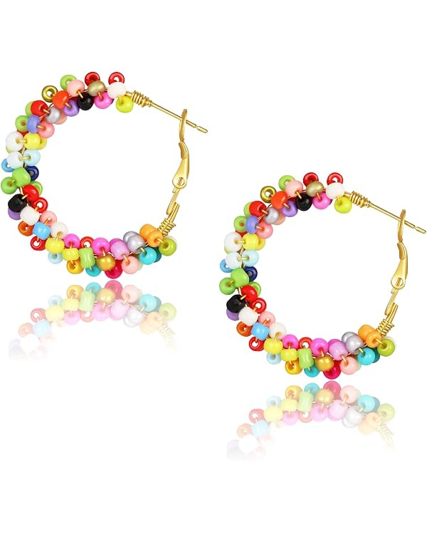 Colorful Fun Beaded Earrings for Women\uff0cBoho Flower Hoop Earrings\uff0cExquisite Handmade Bea... | Amazon (US)