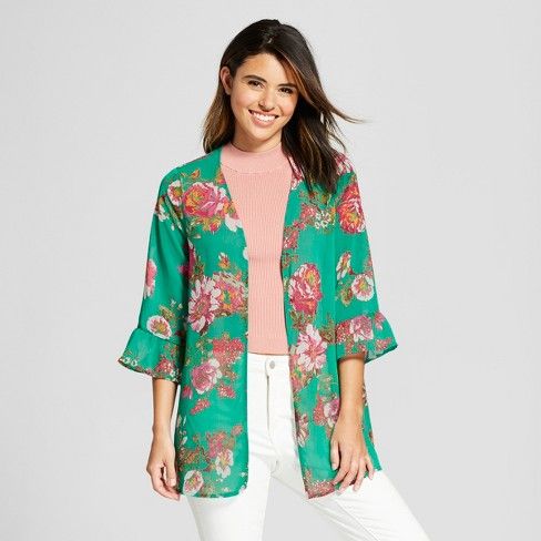 Women's Floral Print Bell Sleeve Sheer Kimono - Xhilaration™ Black/Coral XL | Target