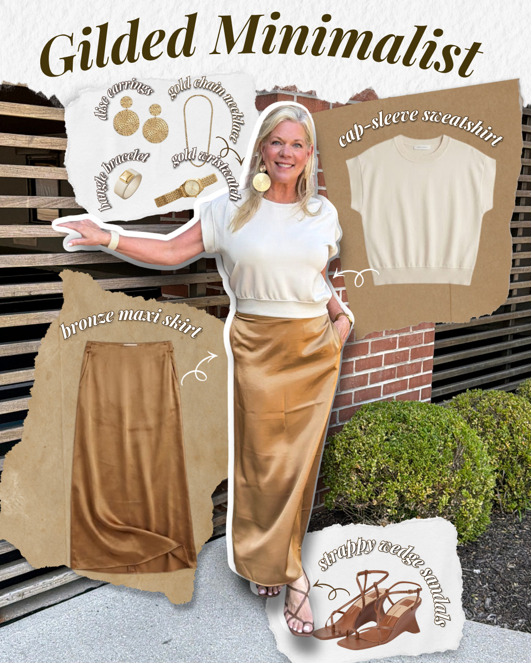 Gilded minimalist. ✨ A cream cap-sleeve sweatshirt tucked into a bronze satin maxi skirt is proof simple can still shine — literally. Finished with gold jewelry and strappy wedge sandals for that effortless, elevated glow. Items linked below, similar items included — shop before they sell out! 🤎 #bronzeskirt #minimaliststyle #satinmaxiskirt #falltransition #fashionover50 #LTKover50 #LTKstyletip 

 #LTKootd #LTKSeasonal #LTKOver40