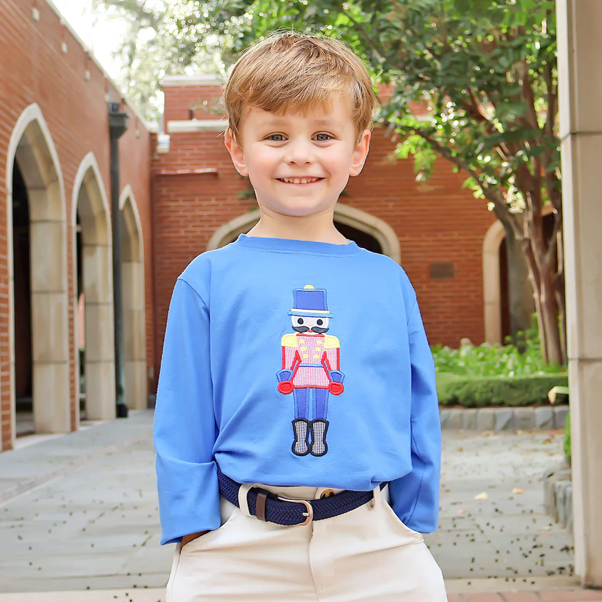 Nutcracker Applique Royal Long Sleeve Shirt | Classic Whimsy