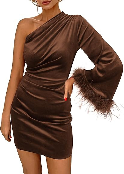 PRETTYGARDEN Women's Fall Long Sleeve Velvet Dress One Shoulder Mini Bodycon Wedding Guest Party ... | Amazon (US)