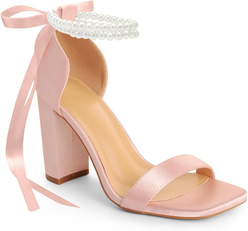 High Heel Wedding Shoes for Women Pearl Open Square Toe Block Heels Bow Bridal Shoes Prom Party D... | Amazon (US)