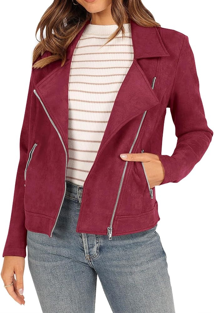 KIRUNDO Womens Faux Suede Jacket 2024 Fall Winter Clothes Casual Zipper Cropped Coat Bomber Biker... | Amazon (US)