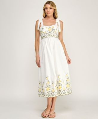 ROW A Juniors' Tie-Shoulder Straps Embroidered Slim Sweetheart Neck Midi Dress - Macy's | Macy's