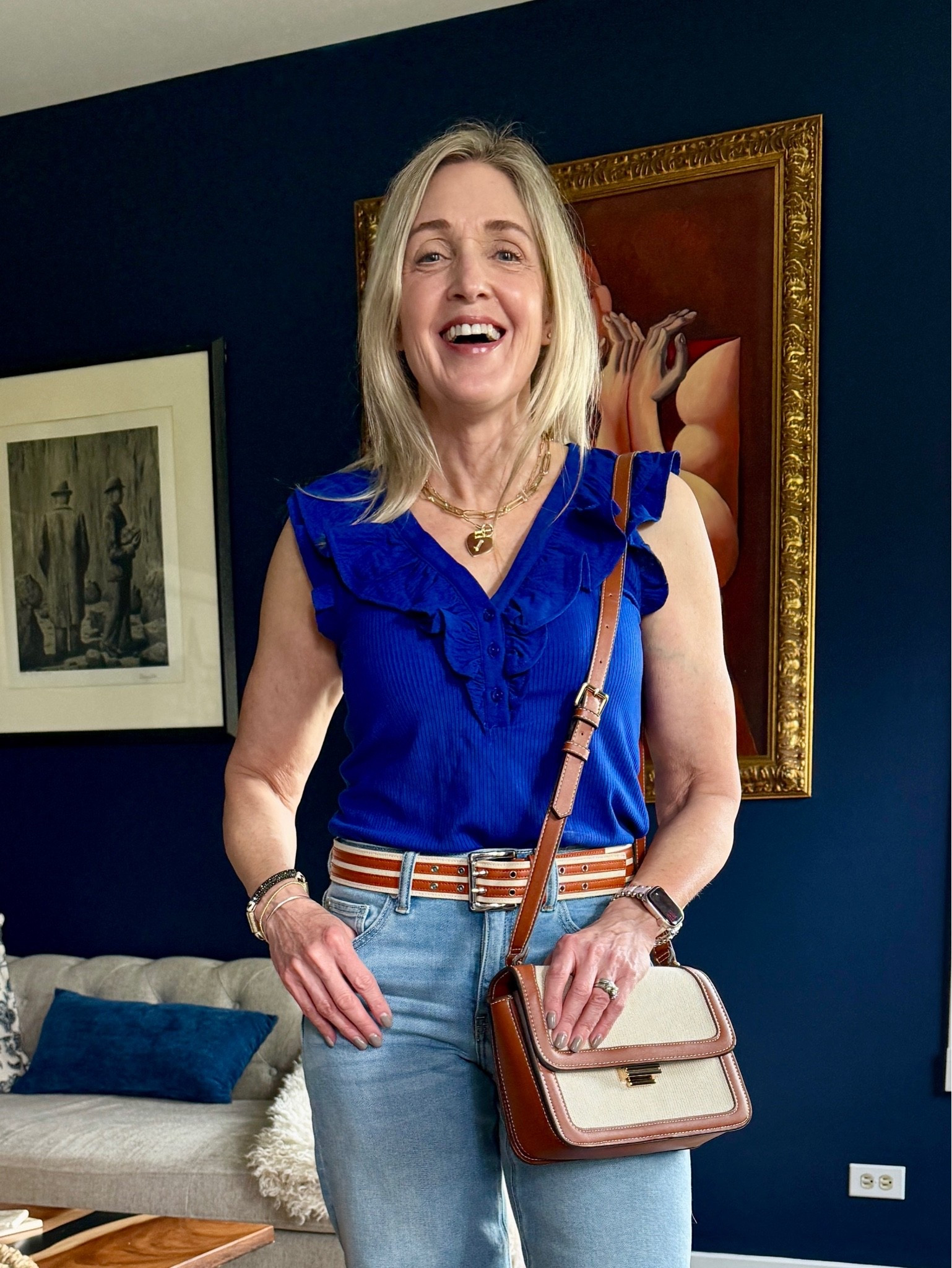 Elevated spring top from @Gibsonlook - cobalt blue ruffled Henley top. Wearing size XS. 

Spring outfits 2026, summer tops, teacher outfits, mom looks, fashion over 40, fashion over 50, spring trends

#LTKootd #LTKSeasonal #LTKOver40