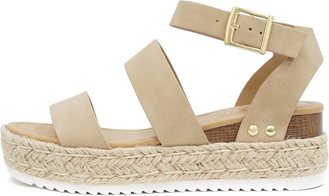 Soda Top Shoe Bryce Open Toe Buckle Ankle Strap Espadrilles Flatform Wedge Casual Sanda | Amazon (US)