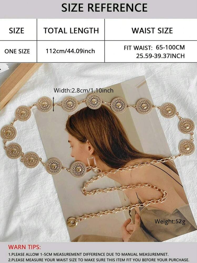 1 Pieza Cadena De Cintura De Metal Con Forma Redonda Y Calada Dorada Para Mujer, Accesorio A Juego Para Vestidos, Estilo Bohemio, Para Halloween, Verano, Escuela, Otoño | SHEIN