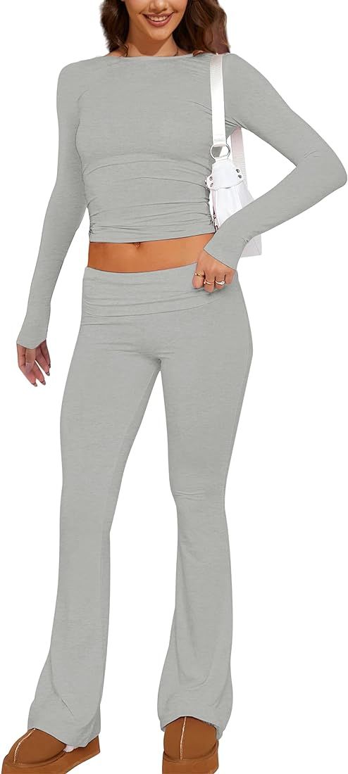Soamat Women's 2 Piece Lounge Set Outfits Fold Over Flare Yoga Pants Set Long Sleeve Set Pajamas ... | Amazon (US)
