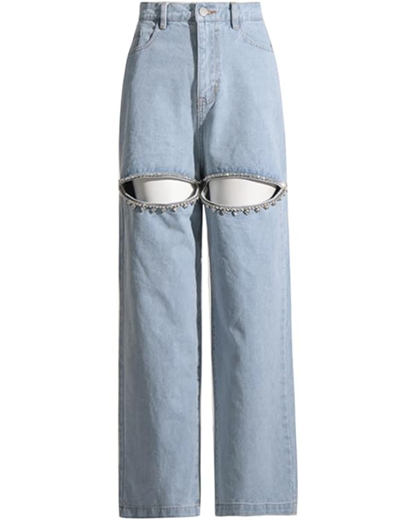 Cut Out Jeans for Women Straight Leg High Waisted Ripped Rhinestone Pearl Beaded Denim Pants | Amazon (US)