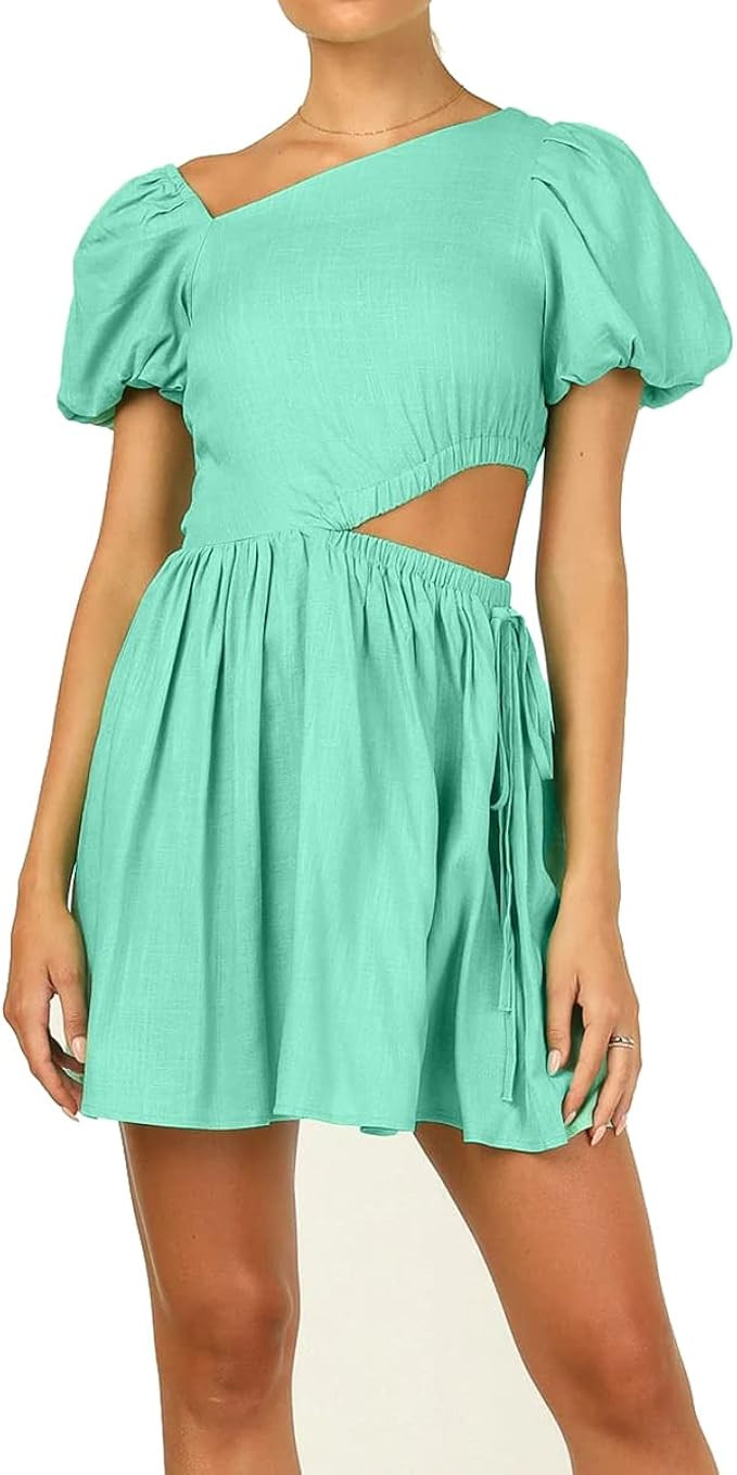 AEL Women's Square Neck Cut Out Mini Dress Short Puff Sleeve Summer Casual Solid Swing Flared Sun... | Amazon (US)