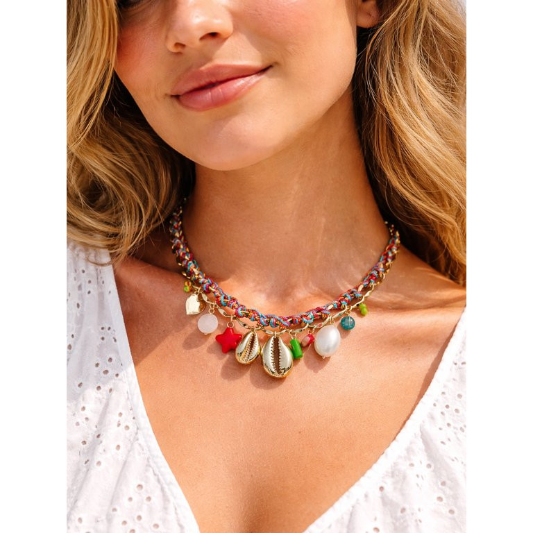 No Boundaries Multicolor Thread Chunky Shell Charm Necklace for Female Adults and Teens | Walmart (US)