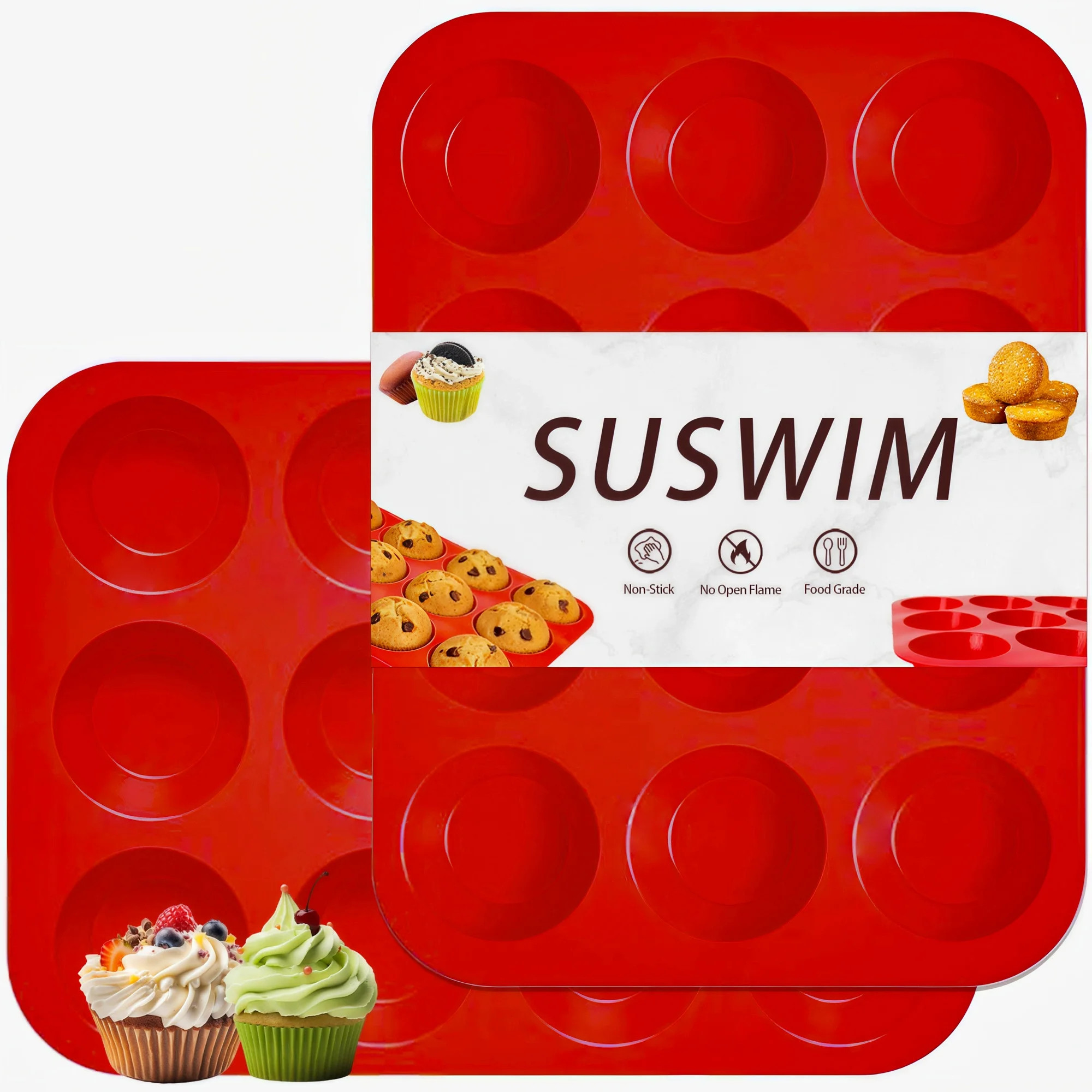 SUSWIM 2 Pack Silicone Muffin Pan & Cupcake Pans for Baking - 12 Cup Regular Size  Egg Bites Mold... | Walmart (US)