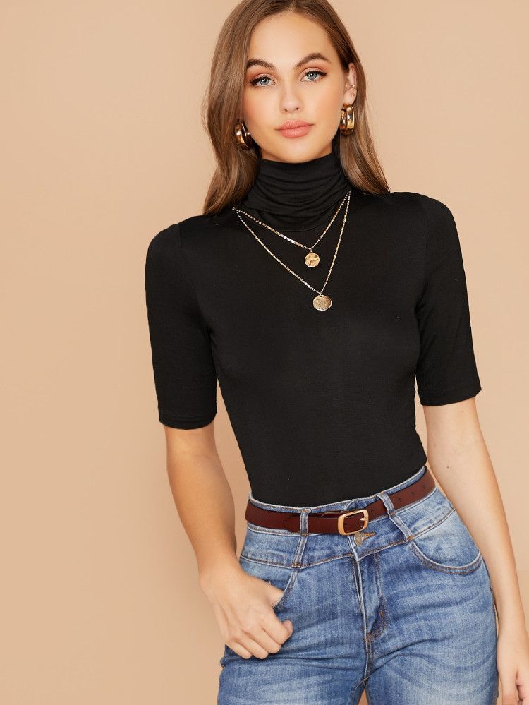 High Neck Fitted Solid Tee | SHEIN