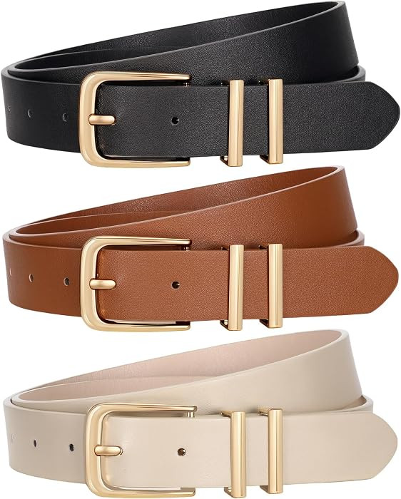 3 Pack Women's Belts for Jeans Pants Fashion Gold Buckle Ladies Dress Belt | Amazon (US)