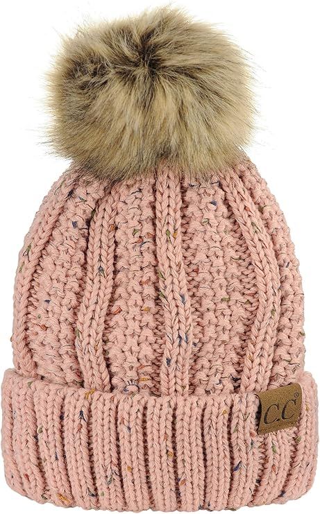 C.C Thick Cable Knit Faux Fuzzy Fur Pom Fleece Lined Skull Cap Cuff Beanie | Amazon (US)