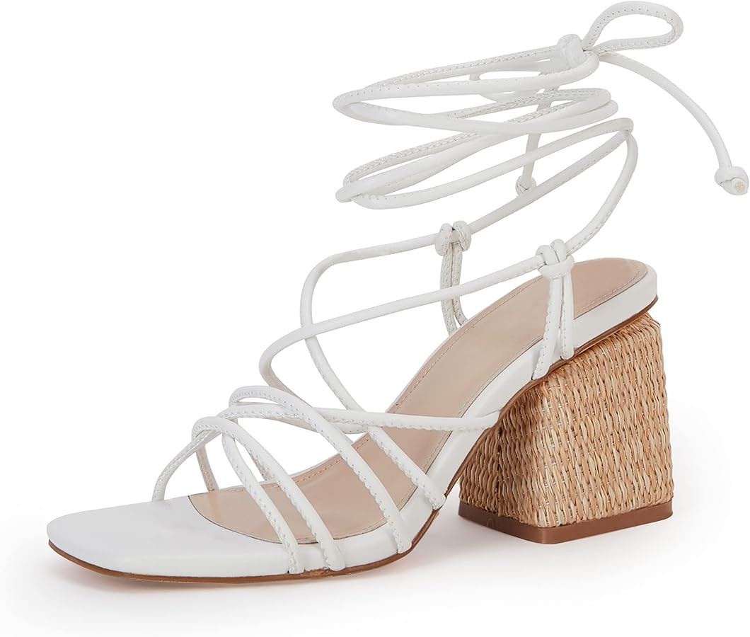 PiePieBuy Women's Lace Up Chunky Braided Heel Sandals Square Toe Strappy Ankle Strap Heels | Amazon (US)