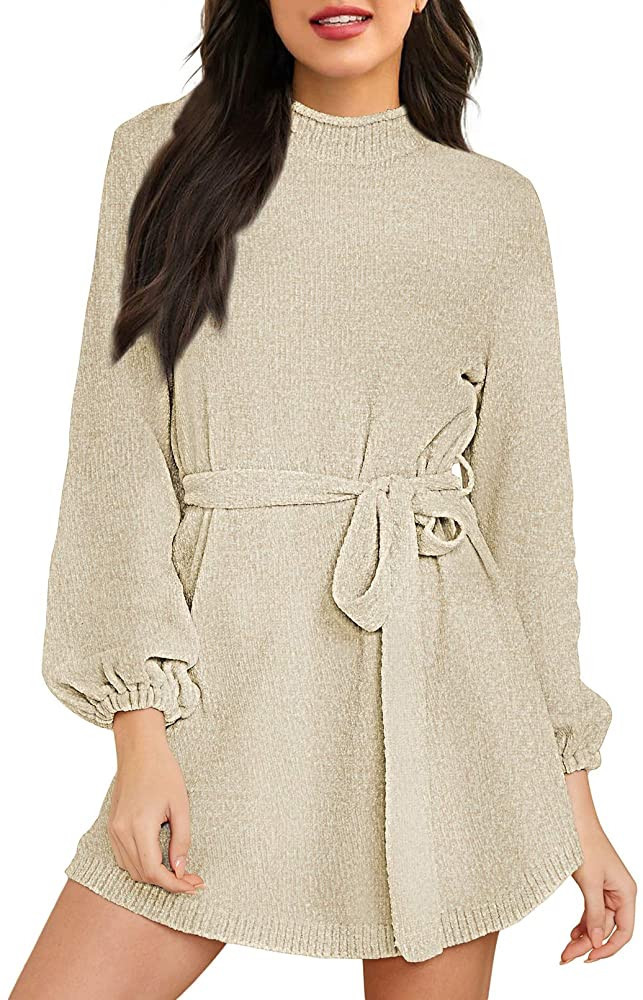 HAPCOPE Women's Chenille Sweater Dress Mock Neck Lantern Long Sleeve Dresses with Belt | Amazon (US)