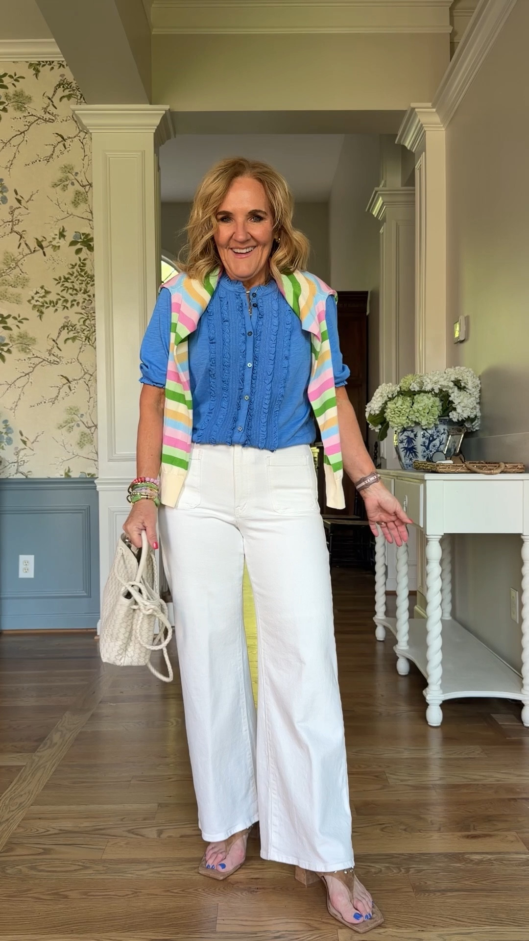 Walmart cardigan in stock. 
Blue top size 10 
Madewell jeans white jeans size 29 short 


#LTKPetite #LTKOver40 #LTKSaleAlert