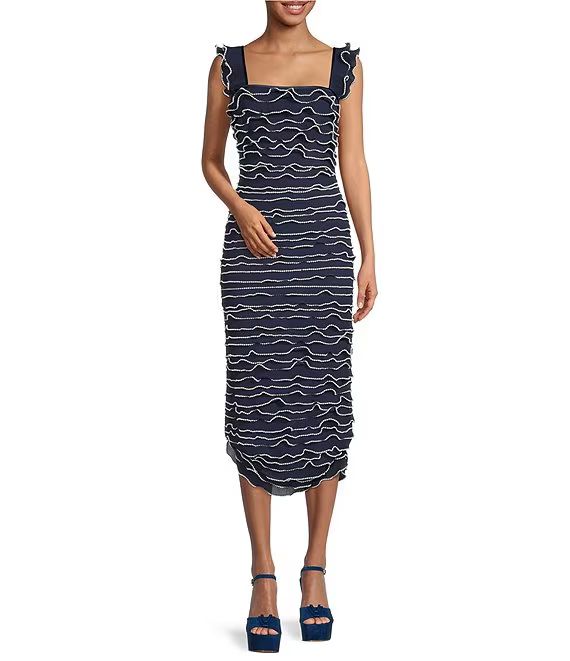 x Venita Aspen Cleo Plisse Pearl Trim Sleeveless Midi Sheath Dress | Dillard's