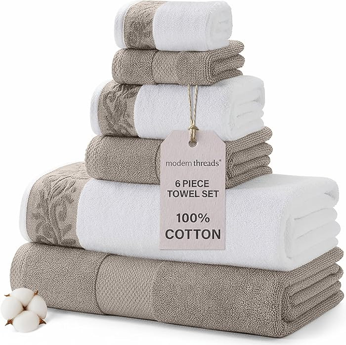 Modern Threads 600 GSM 6-Piece Towel Set with Filgree Jacquard Border Taupe | Amazon (US)