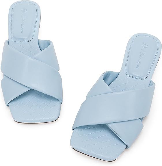 Women’s Square Open Toe Flat Sandals Backless Slip On Slides Cross Band Summer Slippers | Amazon (US)