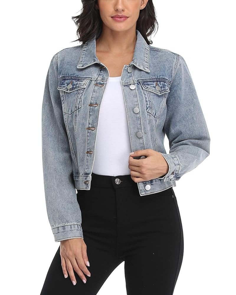 andy & natalie Women's Denim Jackets Cropped Long Sleeve Basic Button Down Crop Jean Shacket with... | Amazon (US)
