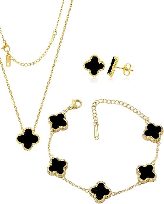 Clover Jewelry Set 18K Gold Plated Stainless Steel Necklace with Flower Design Four leaf clover f... | Amazon (US)