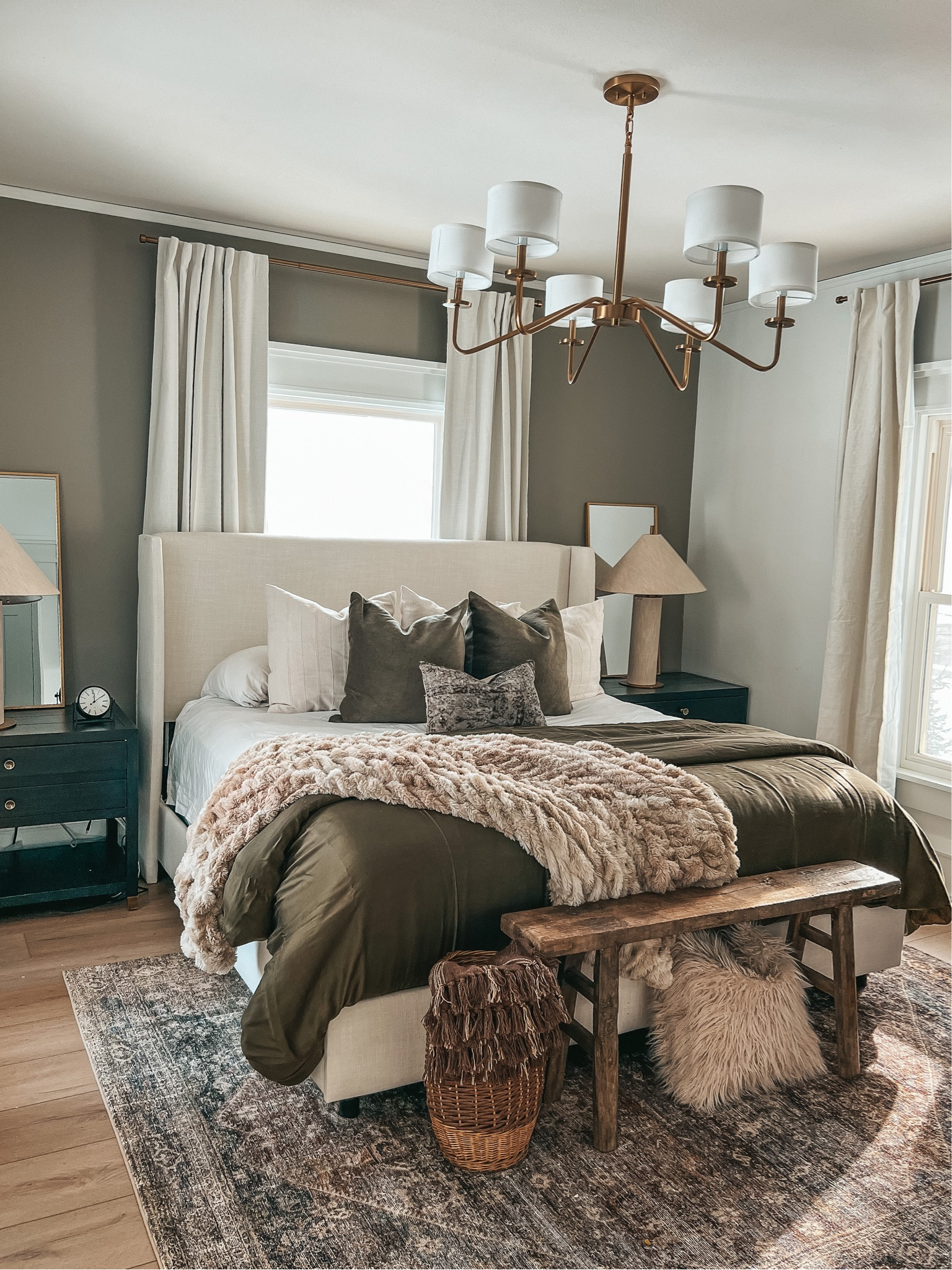 Shop my master bedroom. Upholstered bed. West Elm duvet, soft throw blanket, Loloi rug, nightstands, table lamps, mirrors, rustic bench, black out curtains. Bedding. Home decor. 

#LTKstyletip #LTKhome #LTKsalealert