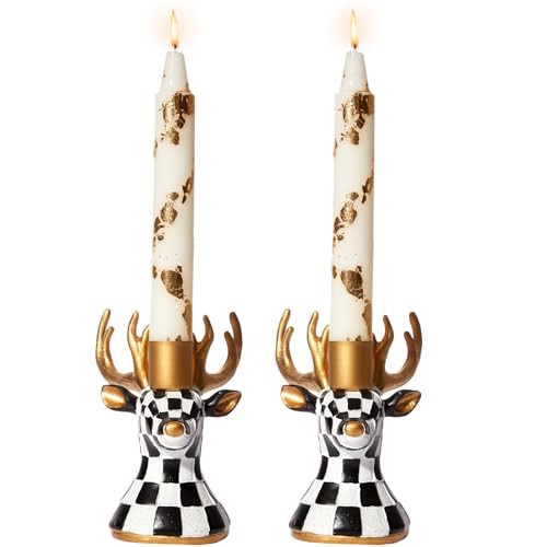 WDS WONDROUS Christmas Candle Holders Reindeer Black White Set of 2 – Deer Taper Candle Holders with Gold Antlers & Check Pattern, Holiday Candlestick Holders for Table Centerpiece, Mantel & Gift | Amazon (US)