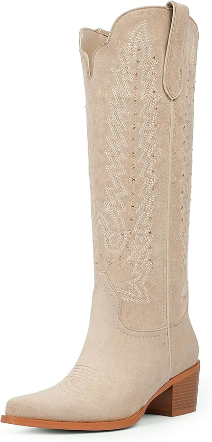 VIUGJNEX Women's Knee High Cowboy Boots - 2.2 Inch Chunky Heel Pointed Toe Cowgirl Boots, Studded... | Amazon (US)