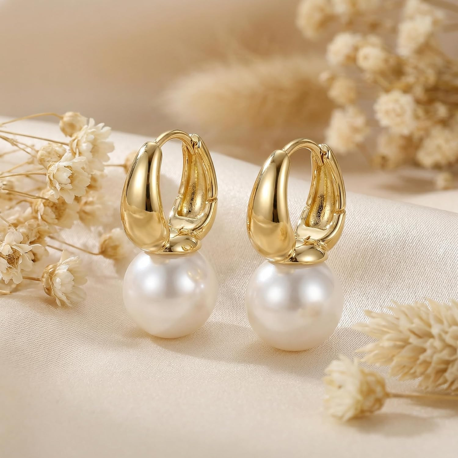 Gold Pearl Earrings for Women Trendy, Hypoallergenic 14K Plated Gold Hoop Huggie Earrings Dainty ... | Amazon (US)