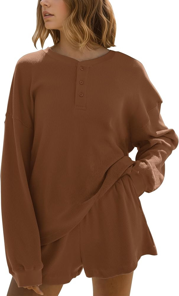 MISSACTIVER Waffle Knit Lounge Sets for Women Long Sleeve Oversized Sweatshirt Elastic Waist Shor... | Amazon (US)
