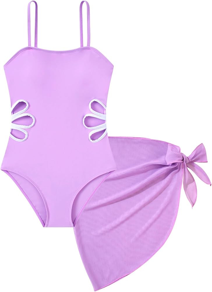 Girls Swimsuit Cut Out One Piece Bathing Suit Adjustable Straps Swimwear with Cover Up Skirt Size... | Amazon (US)