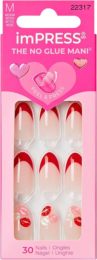 KISS imPRESS No Glue Mani Press On Nails, Design, 'Lover', Red, Medium Size, Almond Shape, Includ... | Amazon (US)