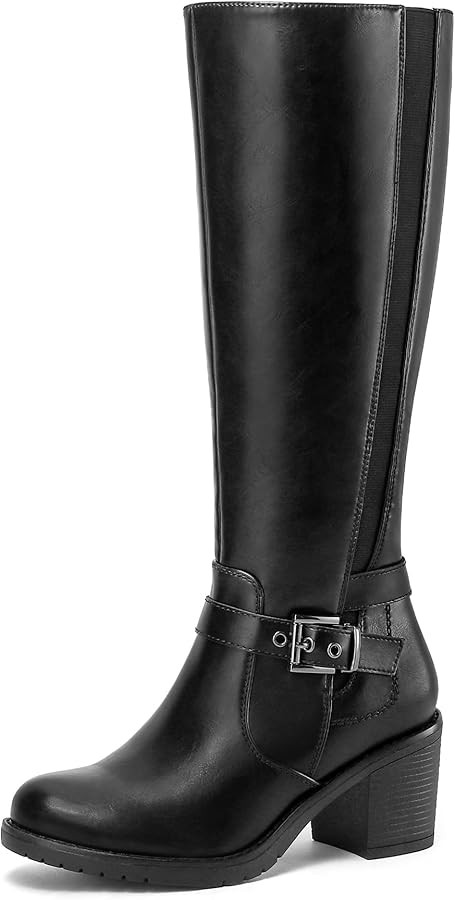 mysoft Women's Knee High Boots Chunky Block Heels with Side Zipper and Stretchy Elastic Panels | Amazon (US)