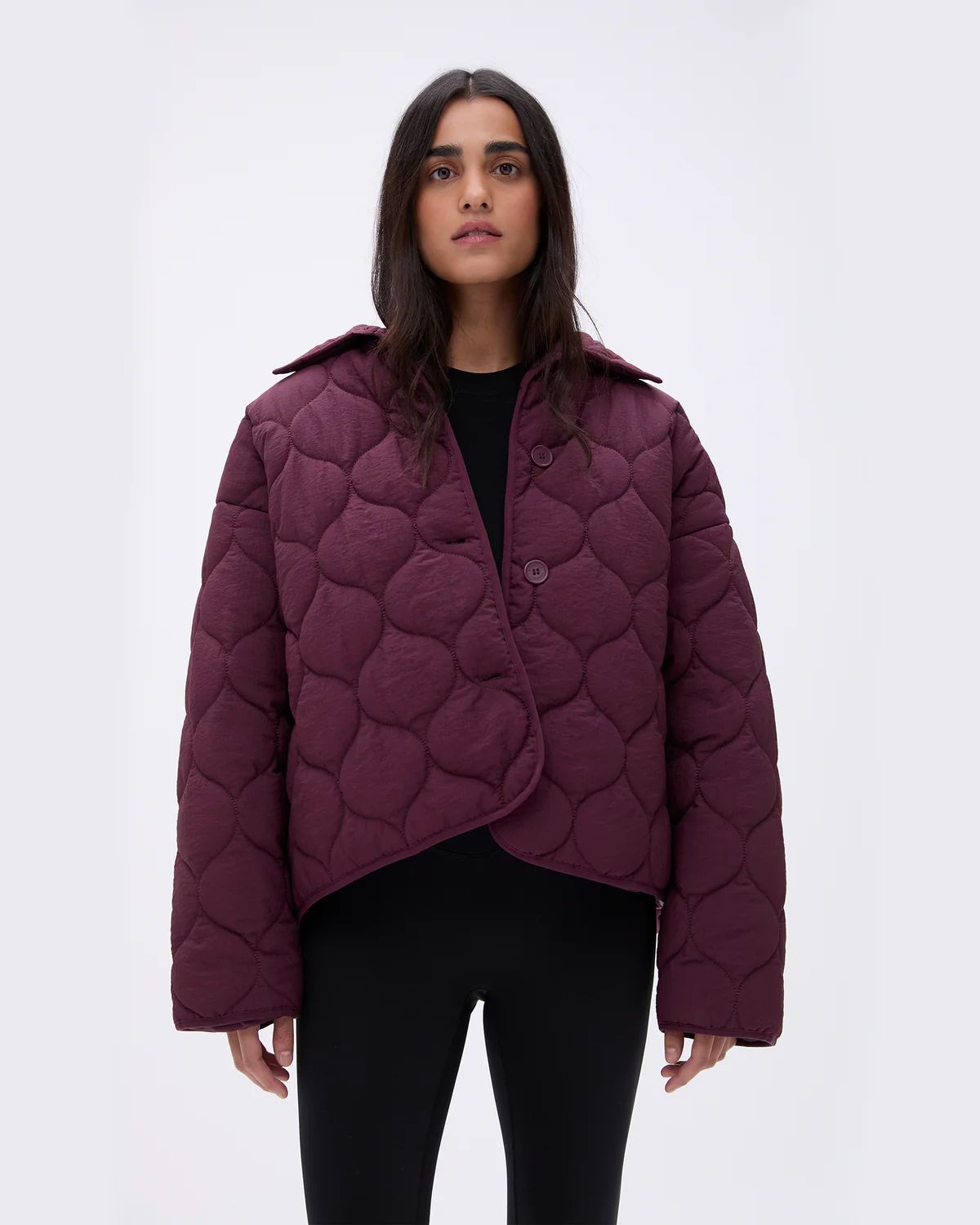 Collared Quilted Boxy Jacket - Dark Cherry | Adanola UK