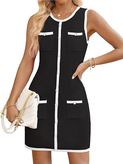 ZESICA Women's 2026 Summer Sleeveless Mini Dress Elegant Crewneck Button Knit Bodycon Bussiness O... | Amazon (US)