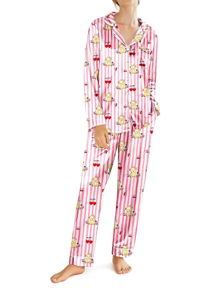 Ekouaer Silk Satin Pajamas for Women Teddy Bear Pjs Set Button Down Long Sleeve Loungewear Cute S... | Amazon (US)
