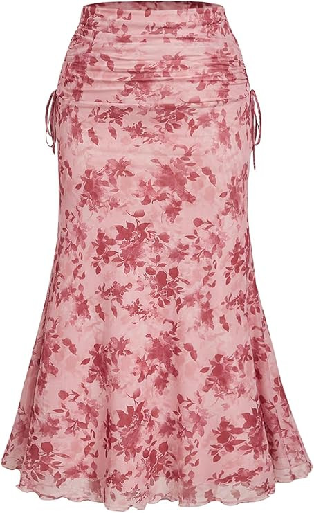 Verdusa Women's Plus Size Floral Maxi Skirt Fishtail Ruched Wrap Bodycon Skirts Summer Outfits | Amazon (US)