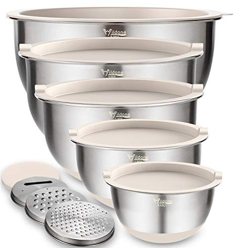 Wildone Mixing Bowls with Airtight Lids Set, 5PCS Stainless Steel Khaki Nesting Bowls for Kitchen, with Grater Attachments & Non-Slip Bottoms, Size 5, 3, 2, 1.5, 0.63 QT, Great for Mixing & Serving | Amazon (US)
