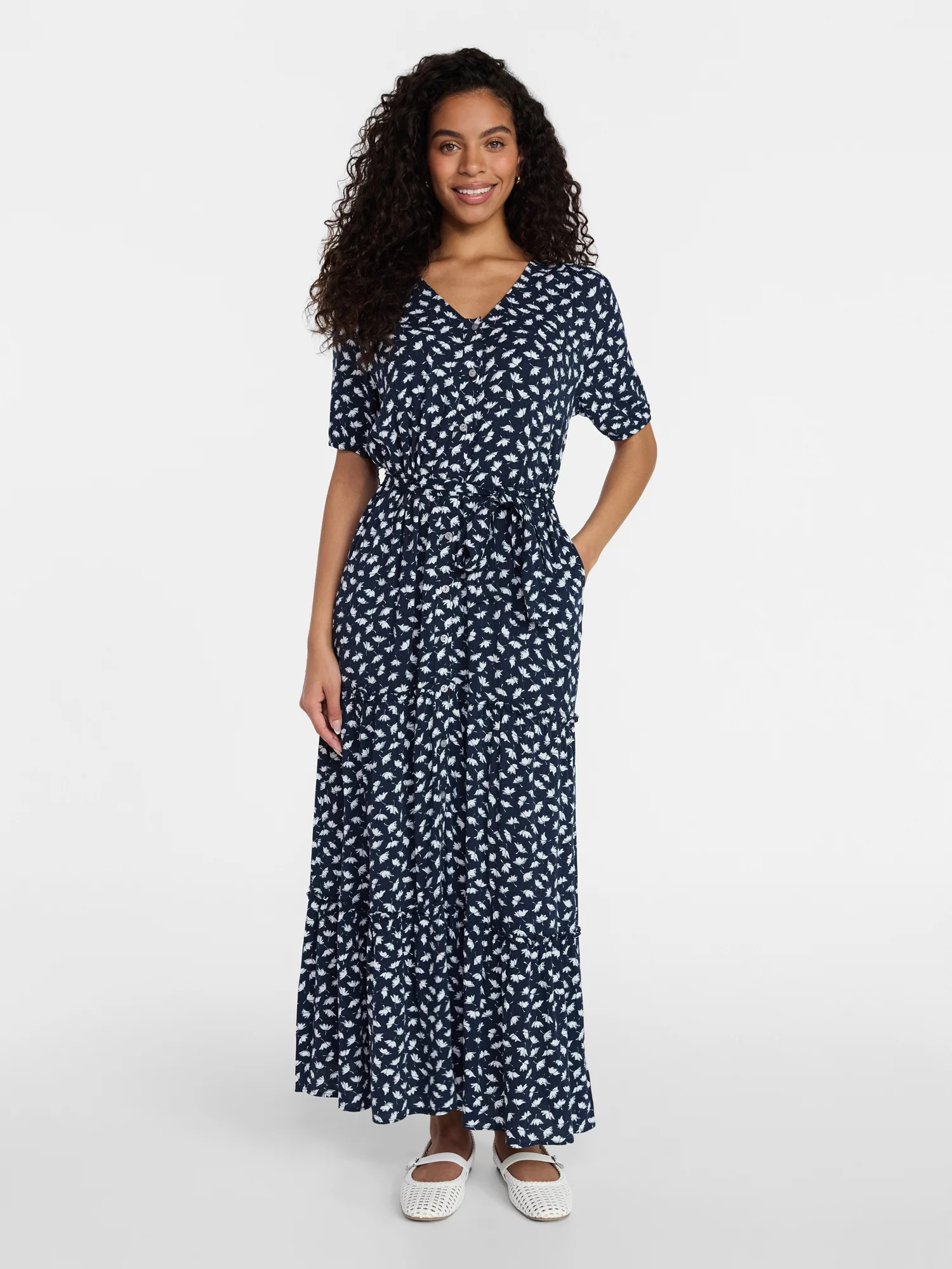 Time and Tru Women’s Crinkle Maxi Dress with Short Sleeves, Sizes XS-XXXL | Walmart (US)